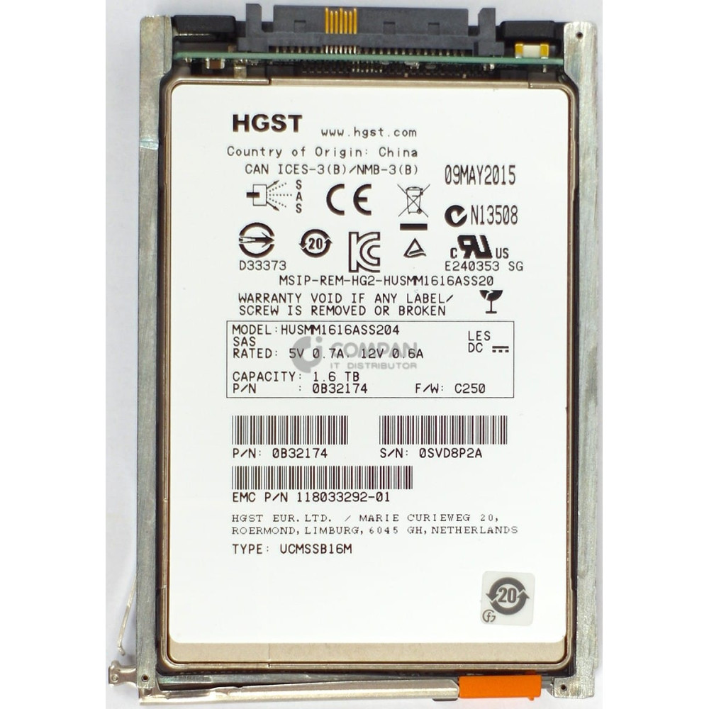 005051156 EMC 1.6TB 6G SSD SAS 520 FLASH MLC 2.5 SFF HOT-SWAP FOR VMAX 118033292-01,HUSMM1616ASS204